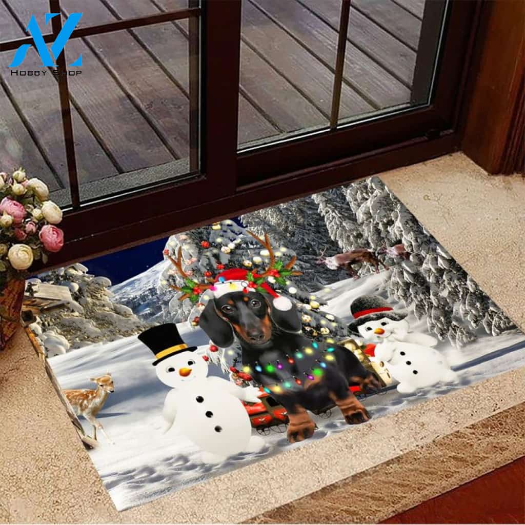 Dachshund With Snowman Christmas Tree Doormat, Gift For Dog lovers, Welcome Mat Housewarming Gift Home Decor Funny Doormat Gift For Family Friend