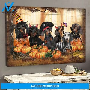Dachshunds in Halloween costumes Dachshund Landscape Canvas Prints, Wall Art