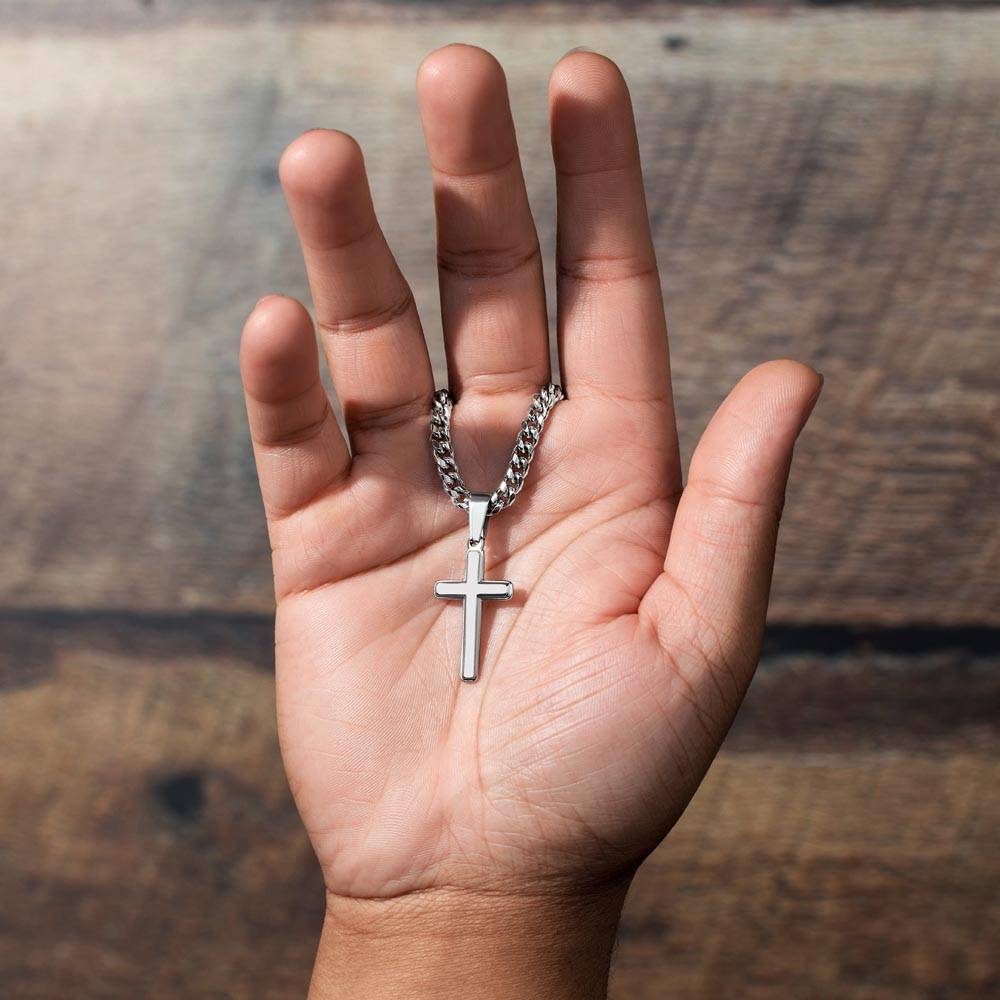 Dad Engraved Cross Necklace on Cuban Link Chain