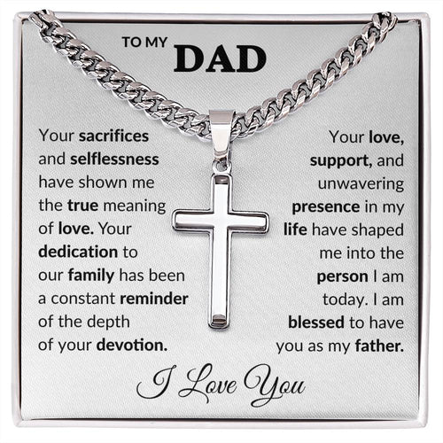 Dad Engraved Cross Necklace on Cuban Link Chain