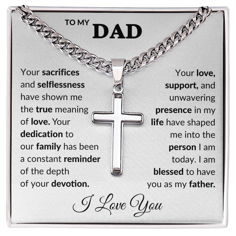 Dad Engraved Cross Necklace on Cuban Link Chain