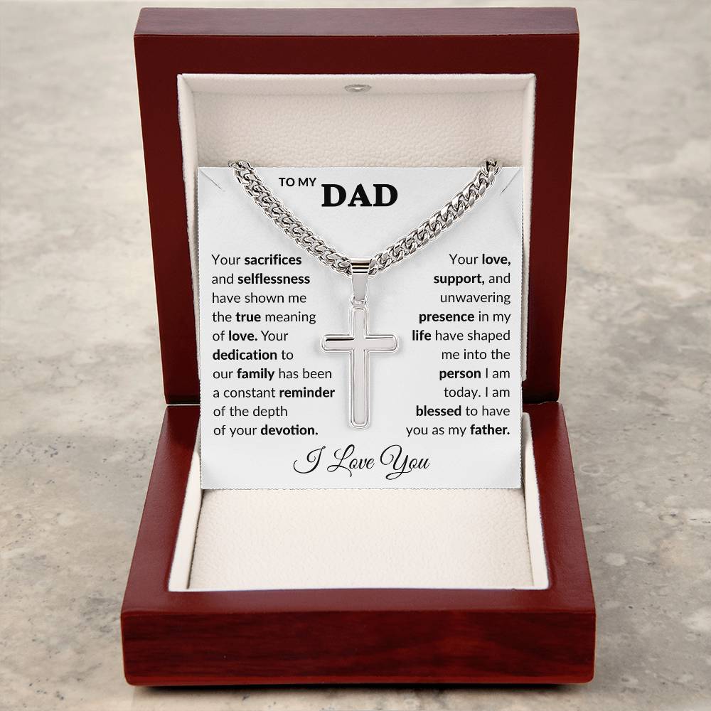 Dad Engraved Cross Necklace on Cuban Link Chain