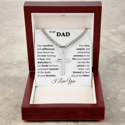 Dad Engraved Cross Necklace on Cuban Link Chain