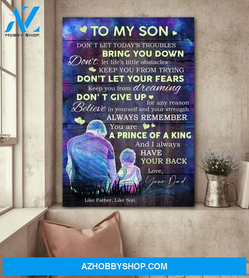 Dad to son - Father and son sitting on the grass - Don't let today's trouble bring you down - Family Portrait Canvas Prints, Wall Art