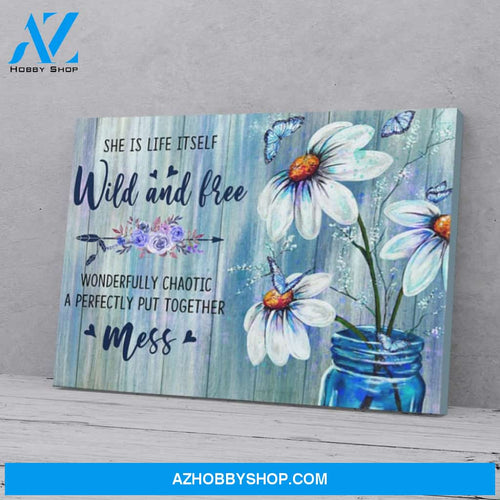 Daisy Blue Butterfly Poster Canvas Wall, She Is Life Ifself Wild And Free Wall Art Prints, Farmhouse Decor