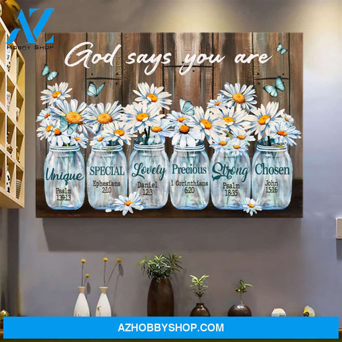 Daisy flower in glass jar - God says you are - Jesus Landscape Canvas Prints, Wall Art