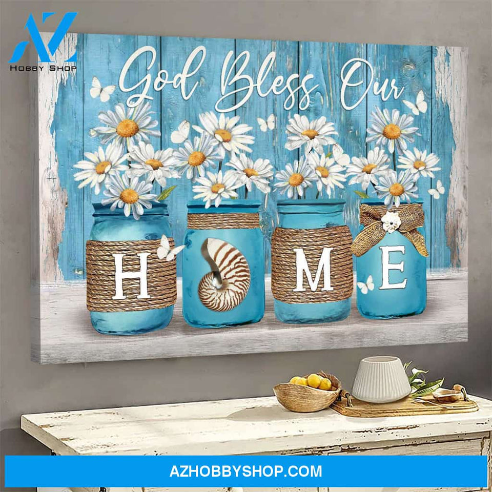 Daisy jar on blue background - God bless our home - Jesus Landscape Canvas Prints, Wall Art