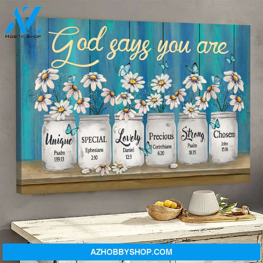 Daisy jar on blue background - God says you are - Jesus Landscape Canvas Prints, Wall Art
