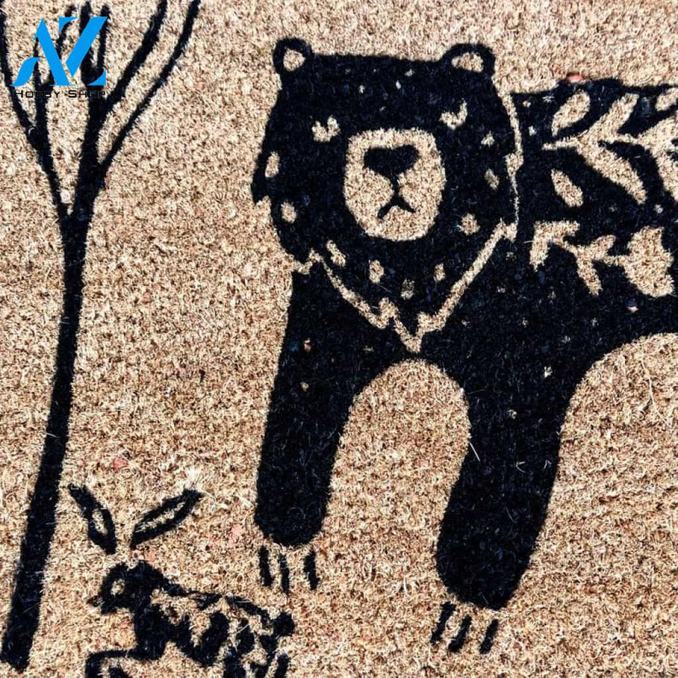 Darling Bear and Friends Doormat | Bear Fox and Rabbit Print Coconut Fiber Bristle Door Mat | Indoor Outdoor Doormat