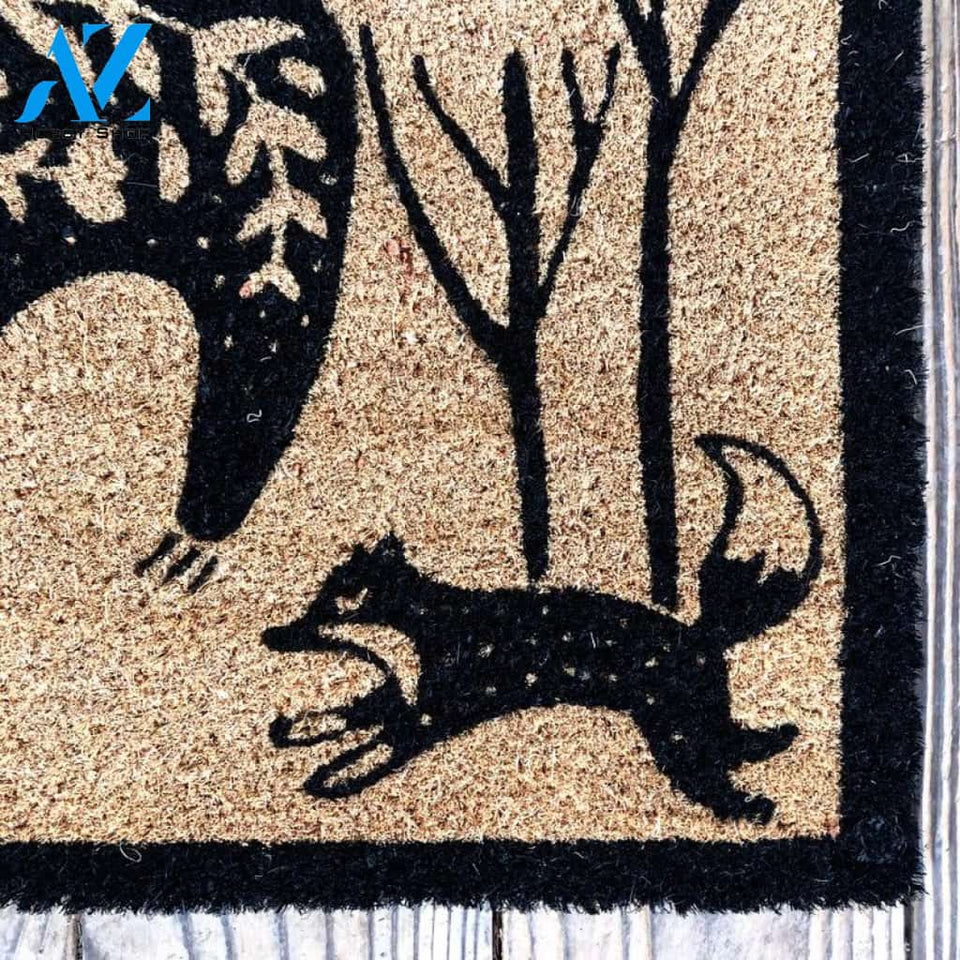 Darling Bear and Friends Doormat | Bear Fox and Rabbit Print Coconut Fiber Bristle Door Mat | Indoor Outdoor Doormat