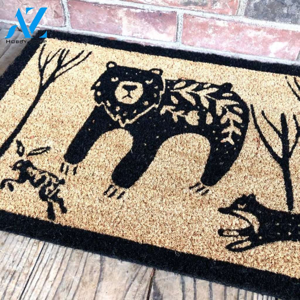 Darling Bear and Friends Doormat | Bear Fox and Rabbit Print Coconut Fiber Bristle Door Mat | Indoor Outdoor Doormat