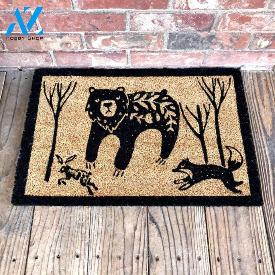 Darling Bear and Friends Doormat | Bear Fox and Rabbit Print Coconut Fiber Bristle Door Mat | Indoor Outdoor Doormat