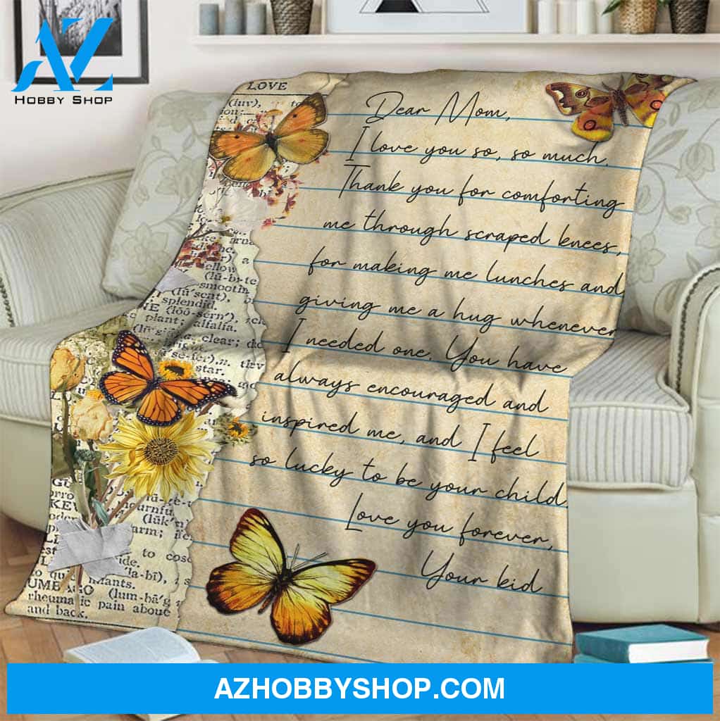 Dear Mom I Love You So So Much Letter Butterfly Fleece Blanket Gift For Mother Home Decor Bedding Couch Sofa Soft and Comfy Cozy