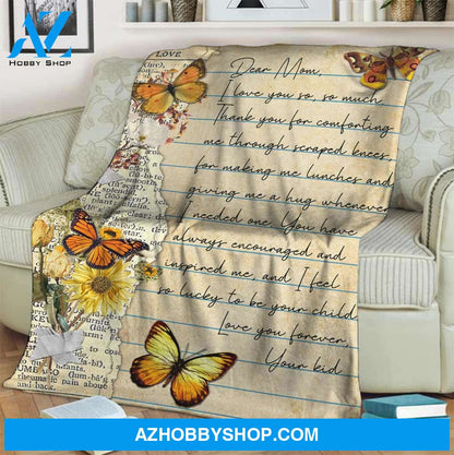 Dear Mom I Love You So So Much Letter Butterfly Fleece Blanket Gift For Mother Home Decor Bedding Couch Sofa Soft and Comfy Cozy
