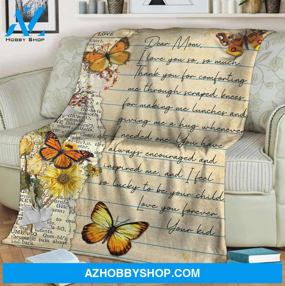 Dear Mom I Love You So So Much Letter Butterfly Fleece Blanket Gift For Mother Home Decor Bedding Couch Sofa Soft and Comfy Cozy