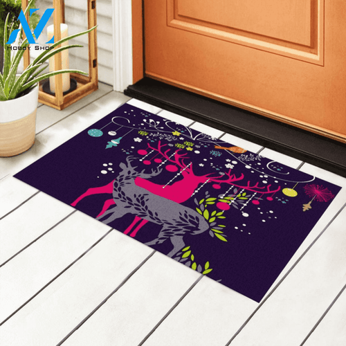 Deer And Christmas Tree Purple Background Doormat Welcome Mat Housewarming Home Decor Funny Doormat Gift for Christmas Day for Friend
