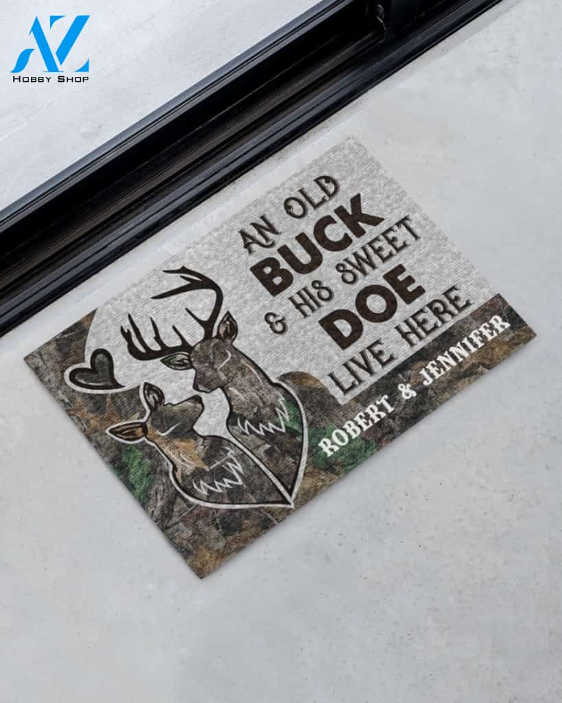 Deer Camo An old buck and his sweat doe live here personalized doormat
