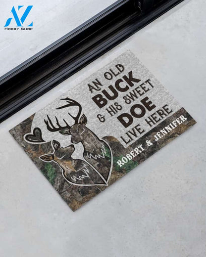 Deer Camo An old buck and his sweat doe live here personalized doormat