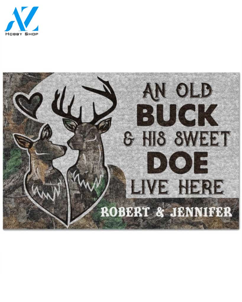Deer Camo An old buck and his sweat doe live here personalized doormat