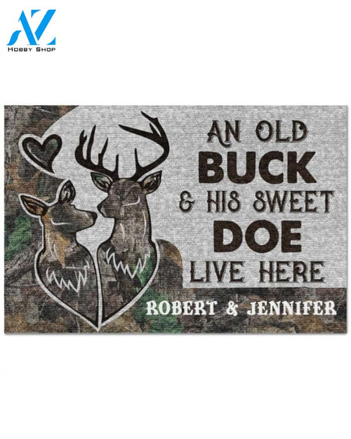 Deer Camo An old buck and his sweat doe live here personalized doormat