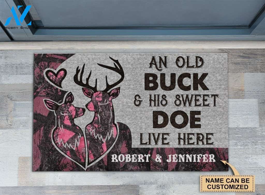 Deer Couple Pink Camo Old Buck & Sweet Doe Live Here Custom Doormat