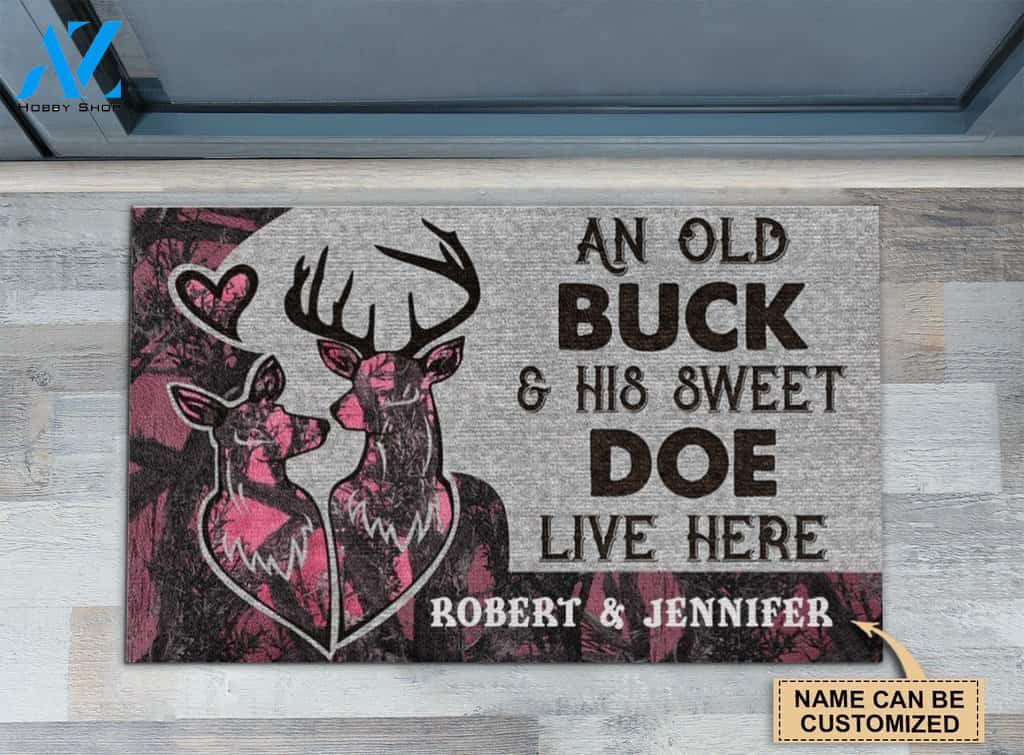 Deer Couple Pink Camo Old Buck & Sweet Doe Live Here Custom Doormat | Welcome Mat | House Warming Gift