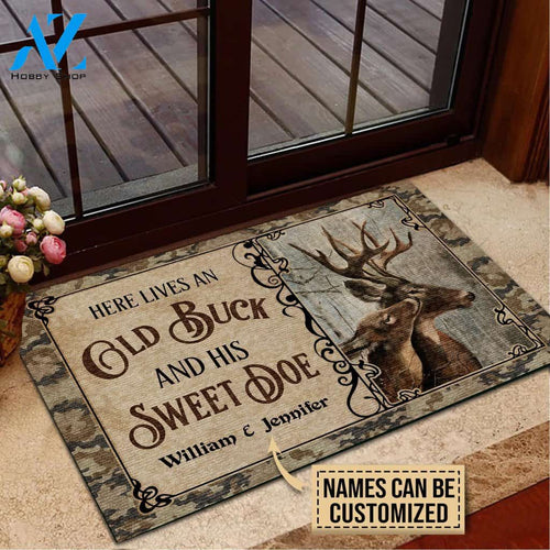 Deer Here Lives An Old Buck & His Sweet Doe Custom Doormat | Welcome Mat | House Warming Gift