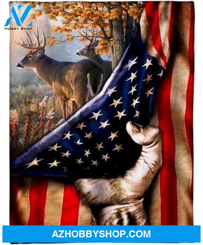 Deer Hunter Usa American Flag Gift Fleece Blanket
