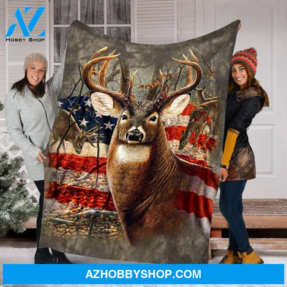 Deer Hunting Blanket, Beautiful Deer American Flag Blanket Gift For Hunting Lovers