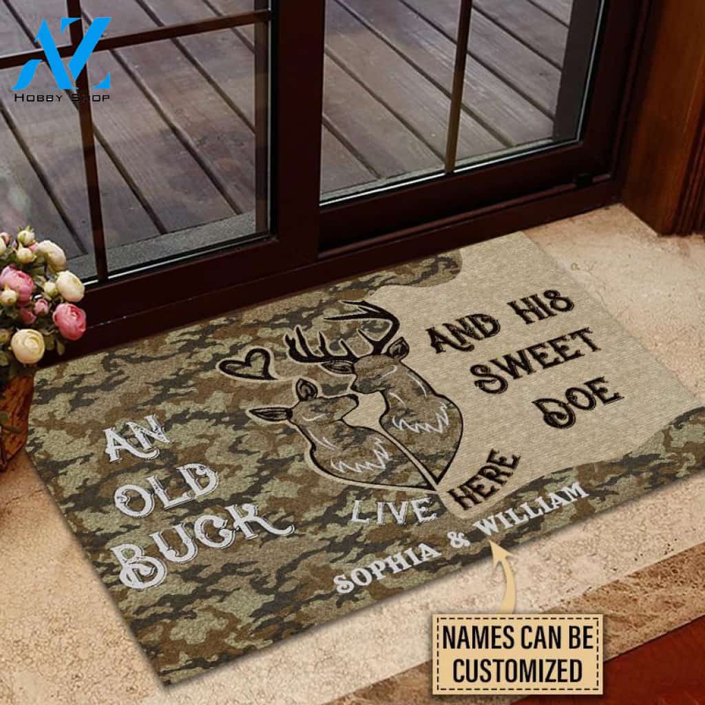 Deer Old Buck Sweet Doe Live Here Camo Custom Doormat | Welcome Mat | House Warming Gift