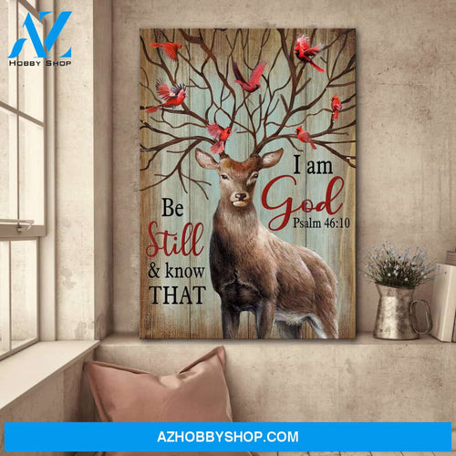 Deer with cardinal - Be still and know that I am God - Jesus Portrait Canvas Prints, Wall Art