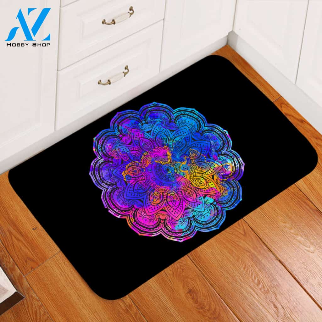 Dharma Wheel Black Door Mat