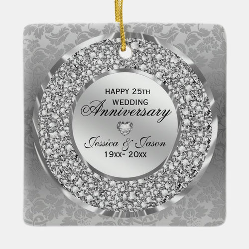 Diamonds & Silver Ring 25Th Wedding Anniversary Ceramic Ornament