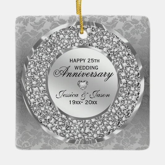 Diamonds & Silver Ring 25Th Wedding Anniversary Ceramic Ornament