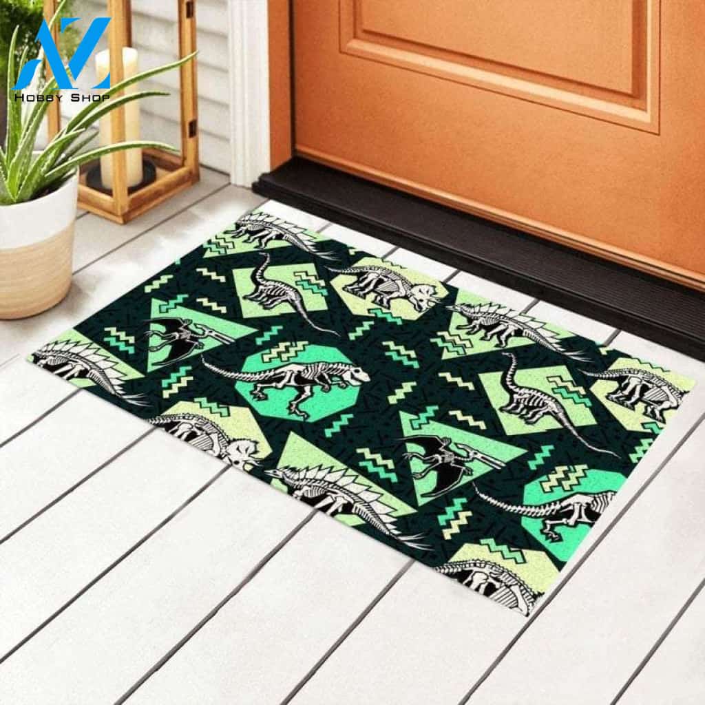 Dinosaur Skeleton Neon Geometric Easy Clean Welcome DoorMat | Felt And Rubber | DO2584