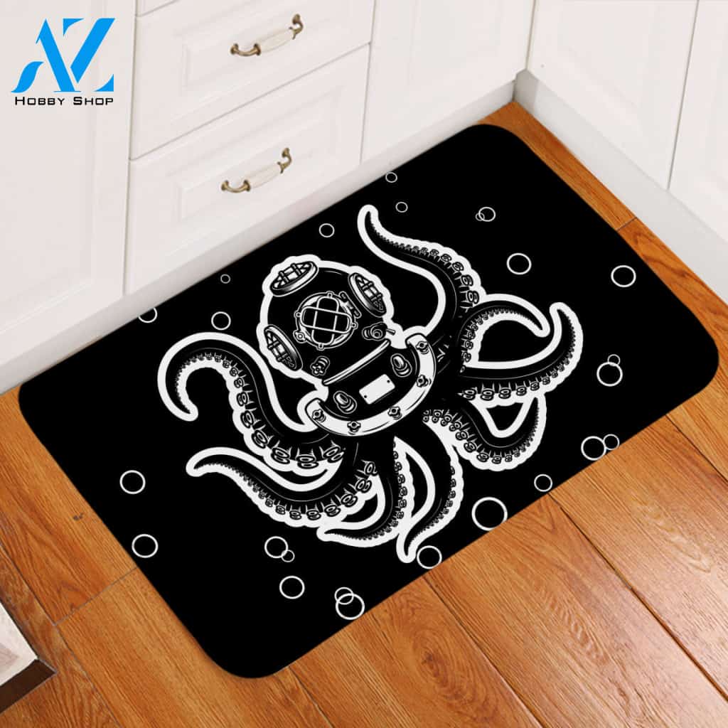 Diving Octopus Black Door Mat