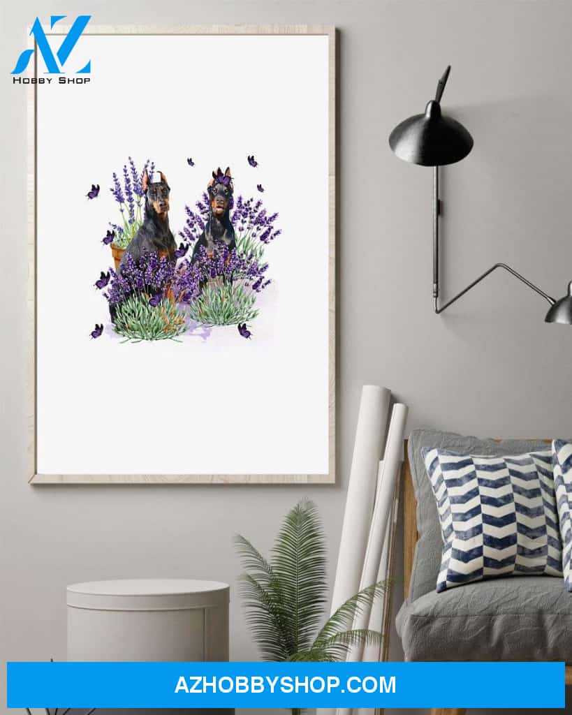 Doberman Pinscher with lavender flower poster