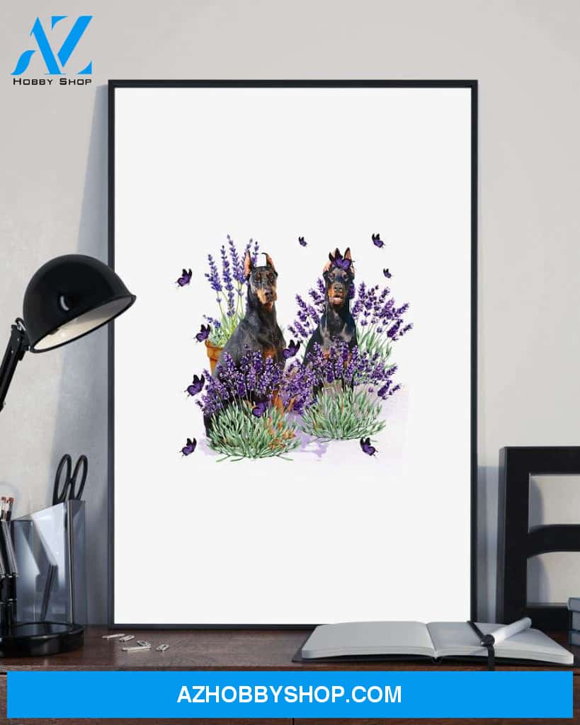 Doberman Pinscher with lavender flower poster