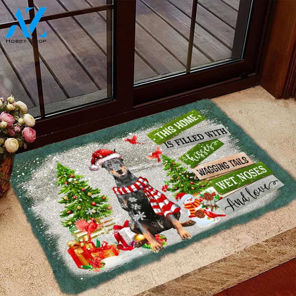 Doberman This Home Is Filled With Kisses Christmas Dog Doormat