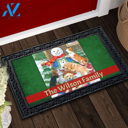 Dog and Cat Snowman Personalized Doormat - 18" x 30"
