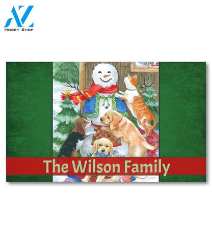 Dog and Cat Snowman Personalized Doormat - 18" x 30"