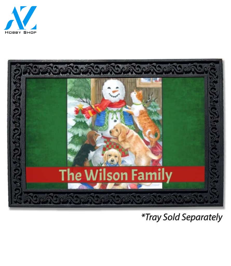 Dog and Cat Snowman Personalized Doormat - 18" x 30"