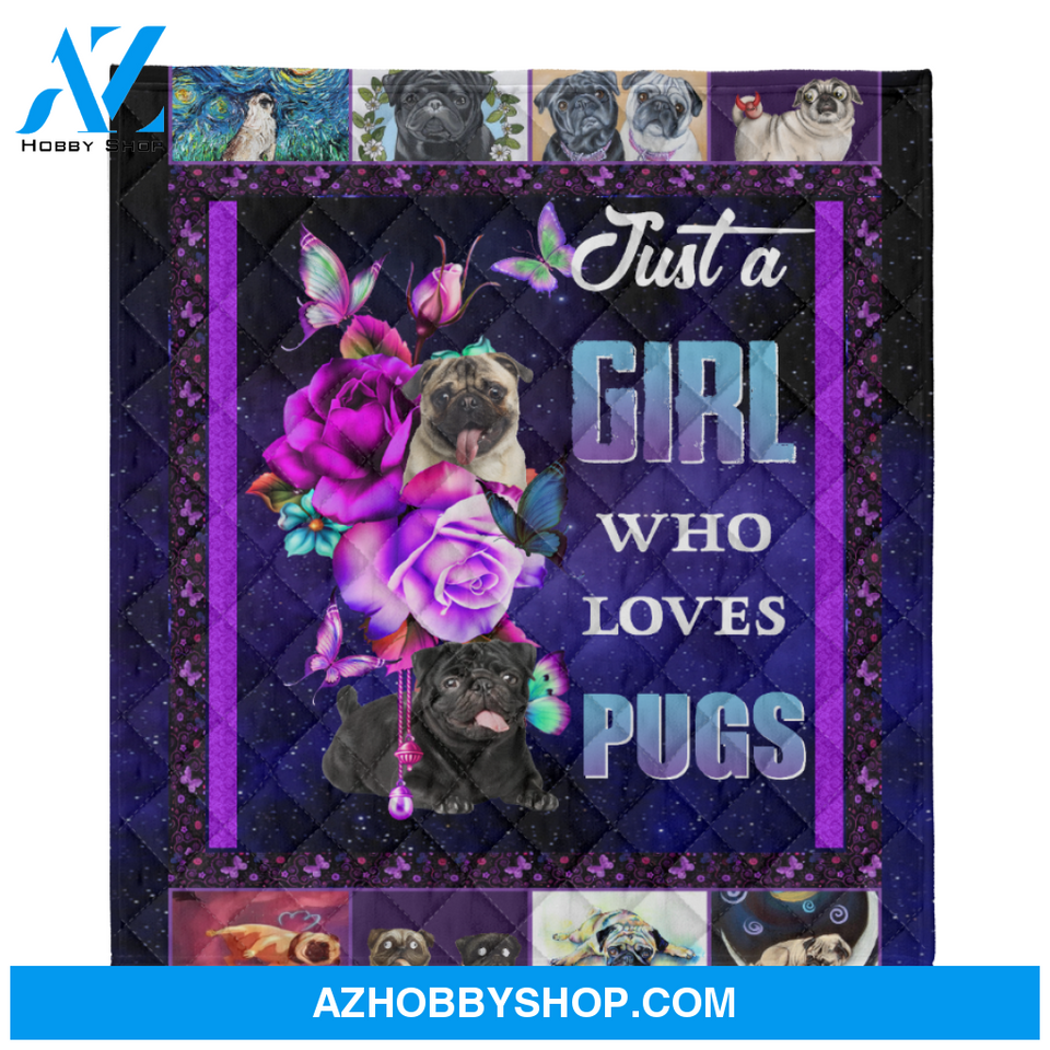 Dog Blanket, Just A Girl Who Loves Pug Purple Rose Blanket Gift For Dog Lovers Birthday Gift Home Decor Bedding Couch Sofa Soft and Comfy Cozy