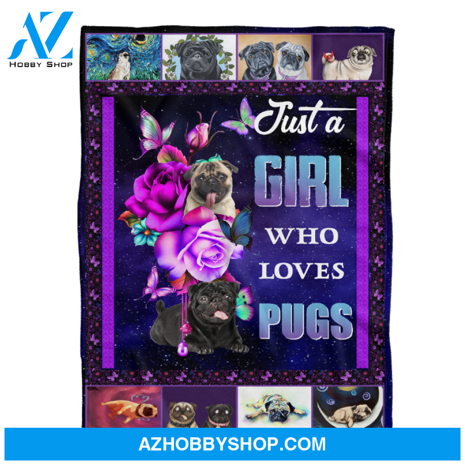 Dog Blanket, Just A Girl Who Loves Pug Purple Rose Blanket Gift For Dog Lovers Birthday Gift Home Decor Bedding Couch Sofa Soft and Comfy Cozy