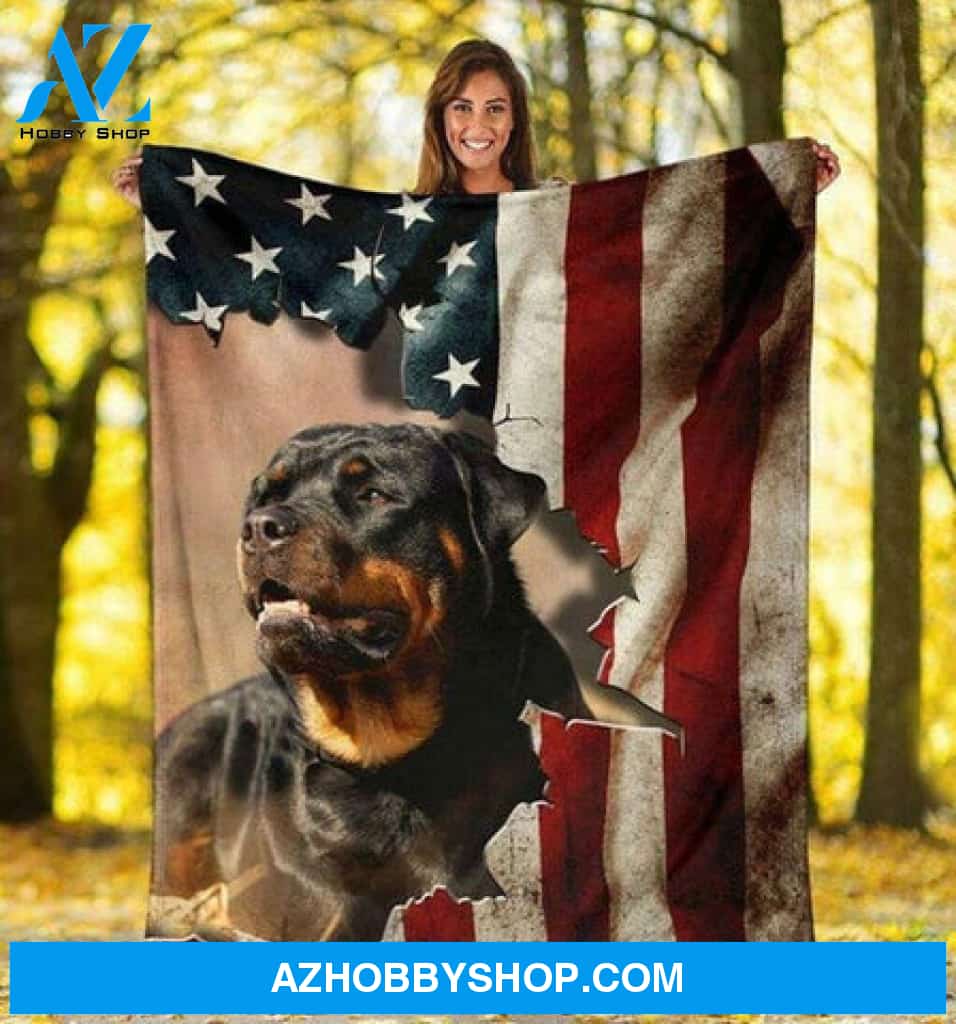 Dog Blanket, Rottweiler - American Flag Fleece Blanket Gift For Rottweiler Dog Lovers