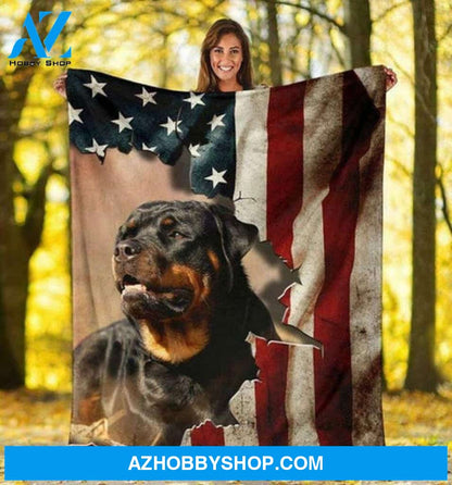 Dog Blanket, Rottweiler - American Flag Fleece Blanket Gift For Rottweiler Dog Lovers