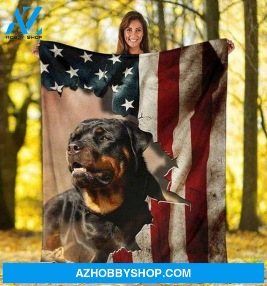 Dog Blanket, Rottweiler - American Flag Fleece Blanket Gift For Rottweiler Dog Lovers