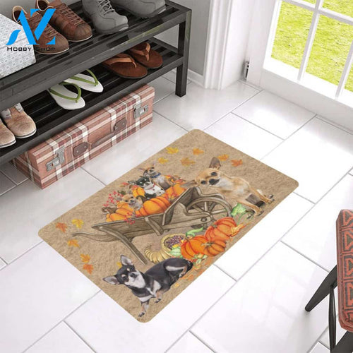 Dog - Chihuahua Pumpkin Wheelbarrow Easy Clean Welcome DoorMat | Felt And Rubber | 40x60 cm | 45x75 cm | 60x90 cm | Colorful | DO1339
