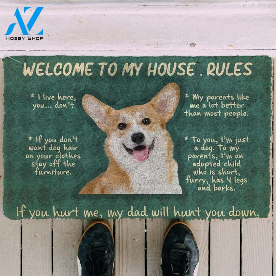 Dog Doormat 3D Corgi Welcome To My House Rules Custom Doormat