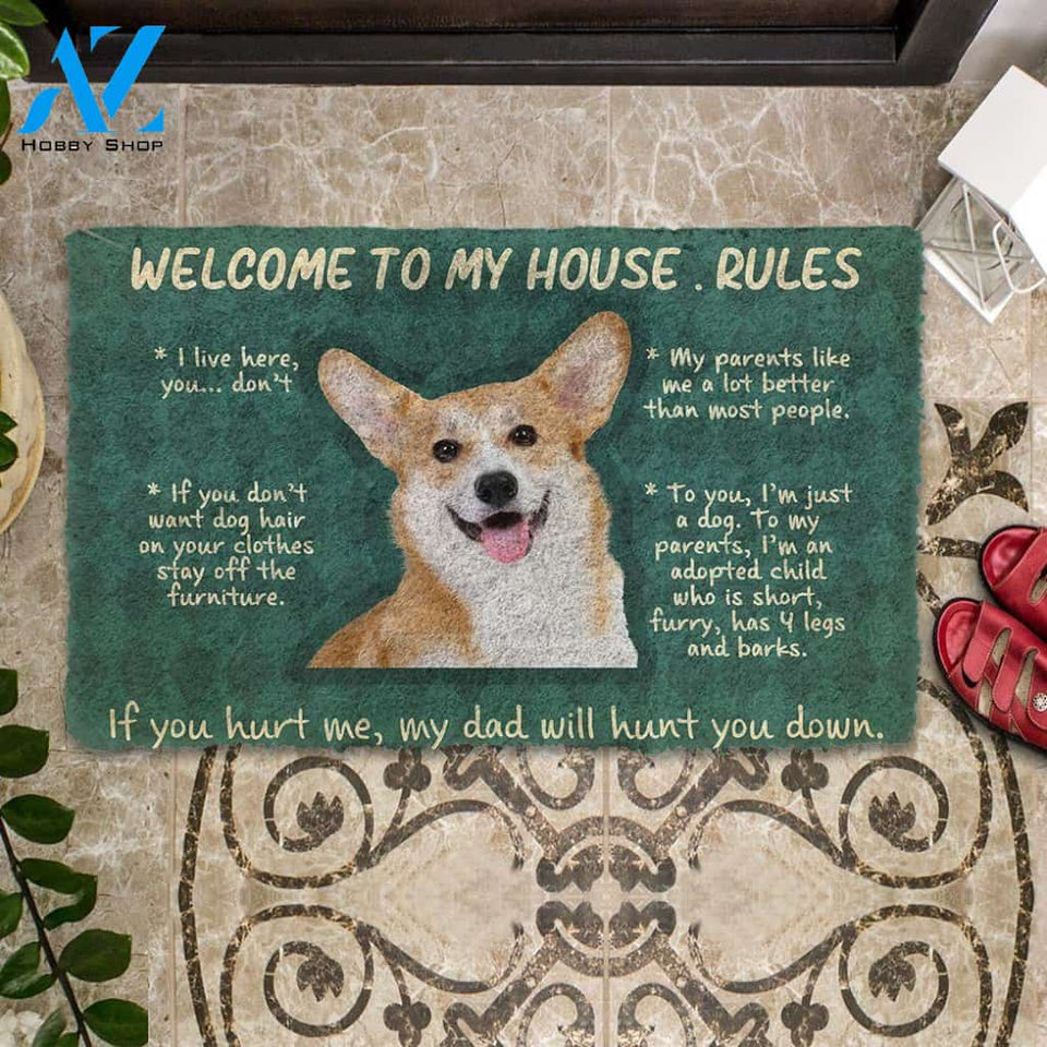 Dog Doormat 3D Corgi Welcome To My House Rules Custom Doormat